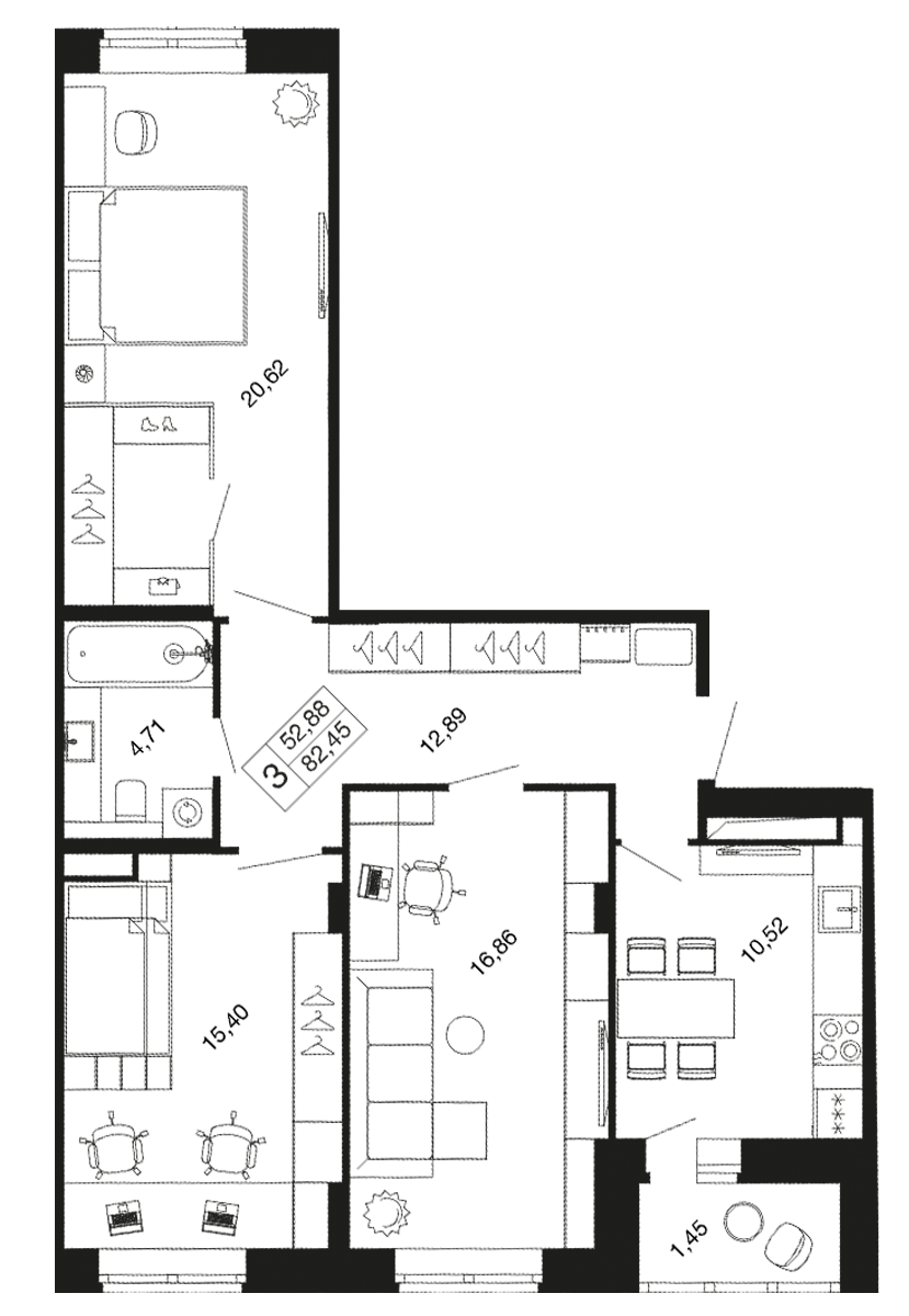 3-комнатная 82 м2 в ЖК Времена года корпус null этаж 3