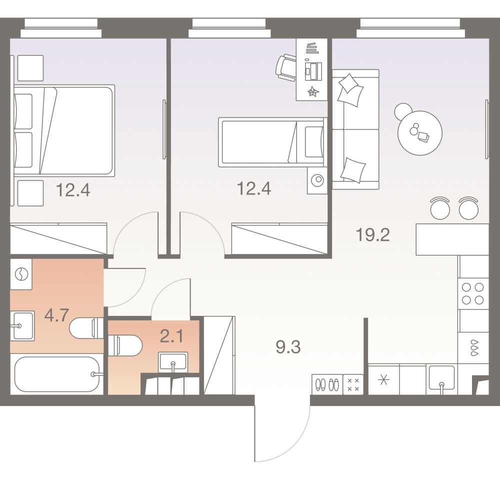 3-комнатная 60 м2 в ЖК Твелв корпус null этаж 14