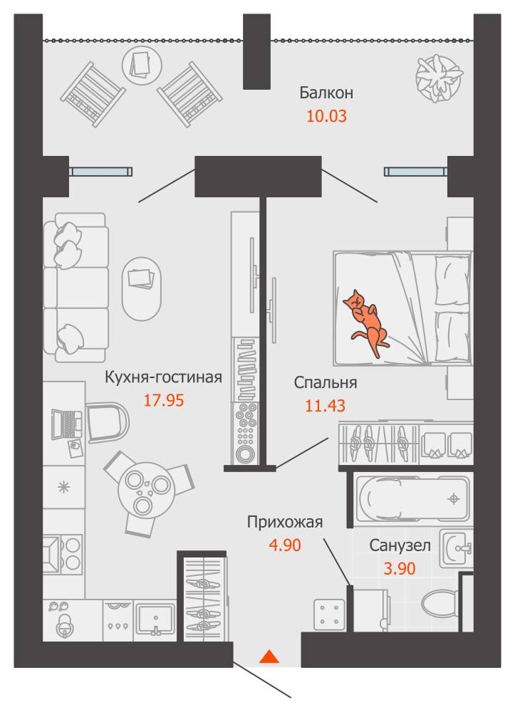 2-комнатная 41 м2 в ЖК Зарядное корпус null этаж 8