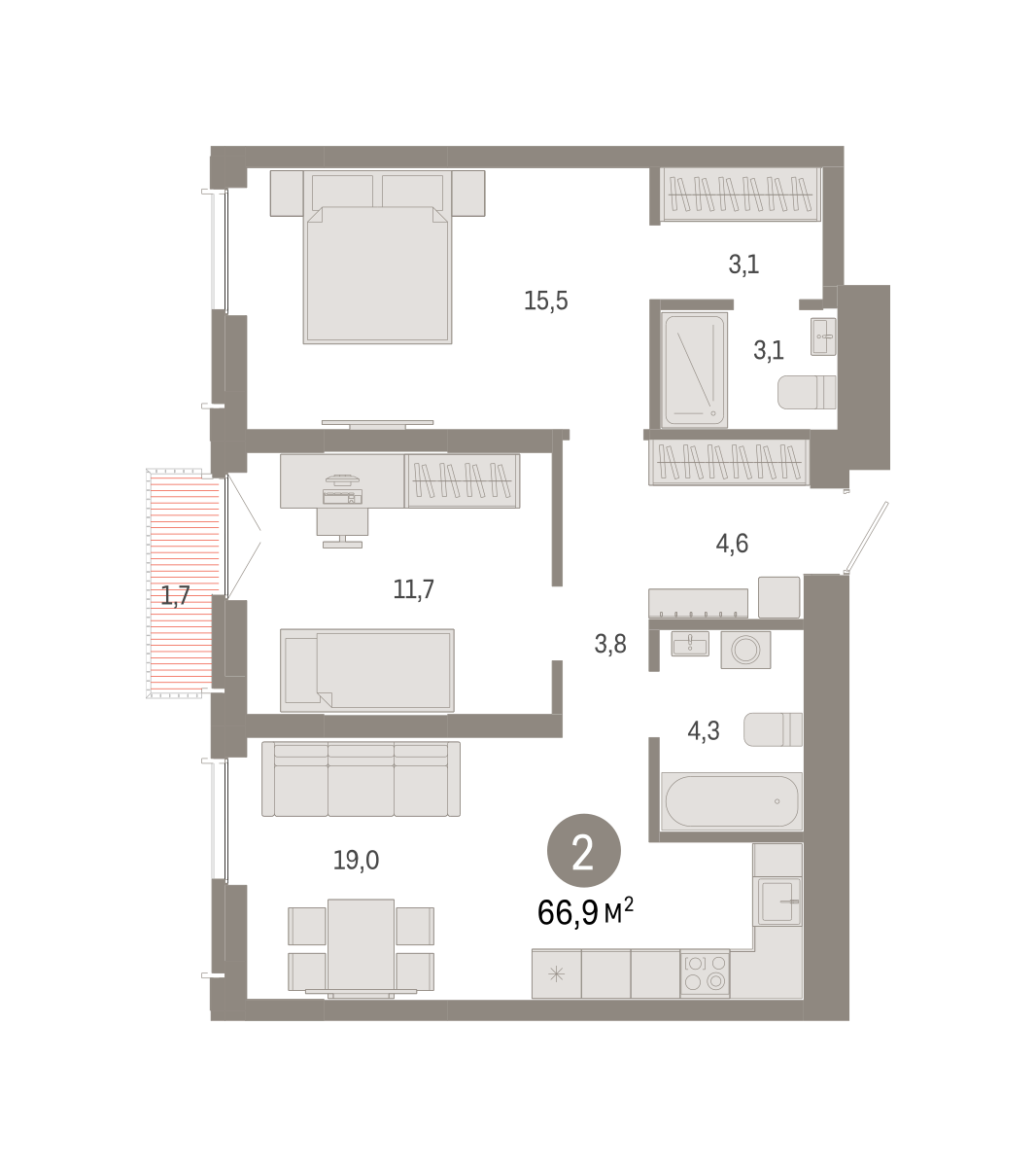 2-комнатная 66 м2 в ЖК Европейский берег корпус null этаж 6