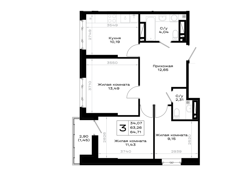 3-комнатная 64 м2 в ЖК Октябрь парк корпус null этаж 13