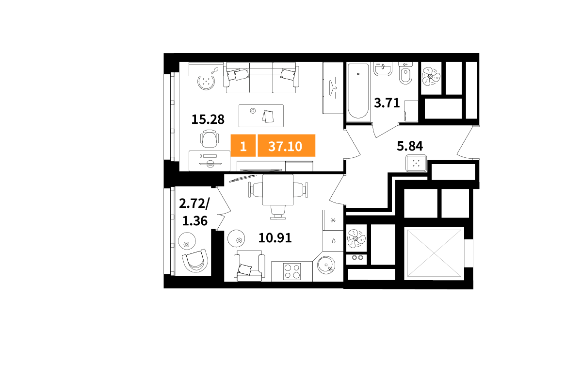 1-комнатная 37 м2 в ЖК Планерный квартал корпус null этаж 10