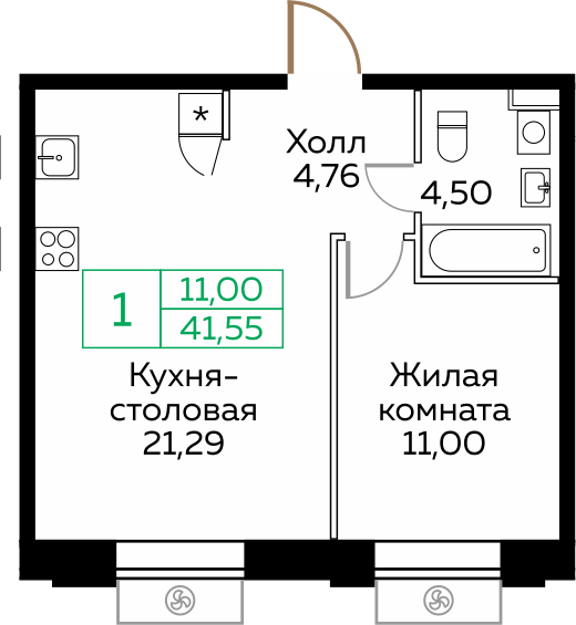 1-комнатная 41 м2 в ЖК Кит корпус null этаж 10