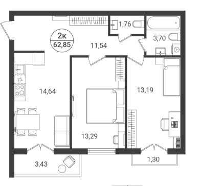 2-комнатная 62.9 м2 в ЖК undefined корпус null этаж 3