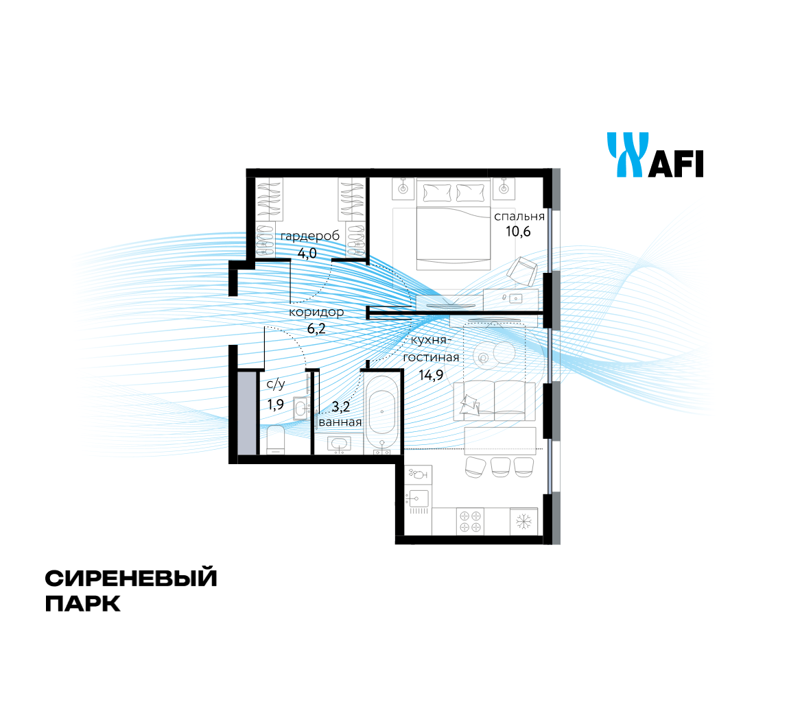 2-комнатная 40 м2 в ЖК Сиреневый парк корпус null этаж 5
