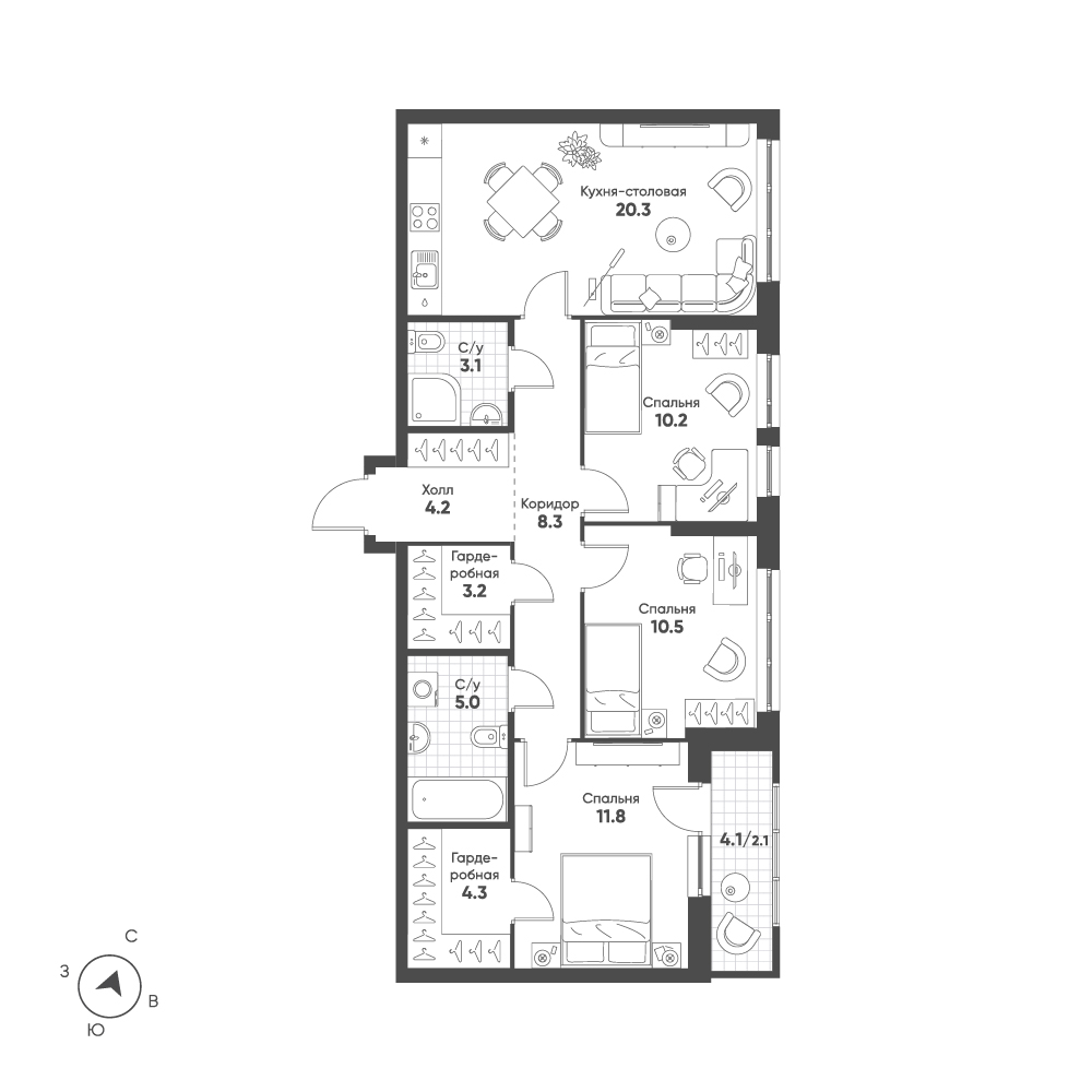 3-комнатная 83 м2 в ЖК Солнечный корпус null этаж 2