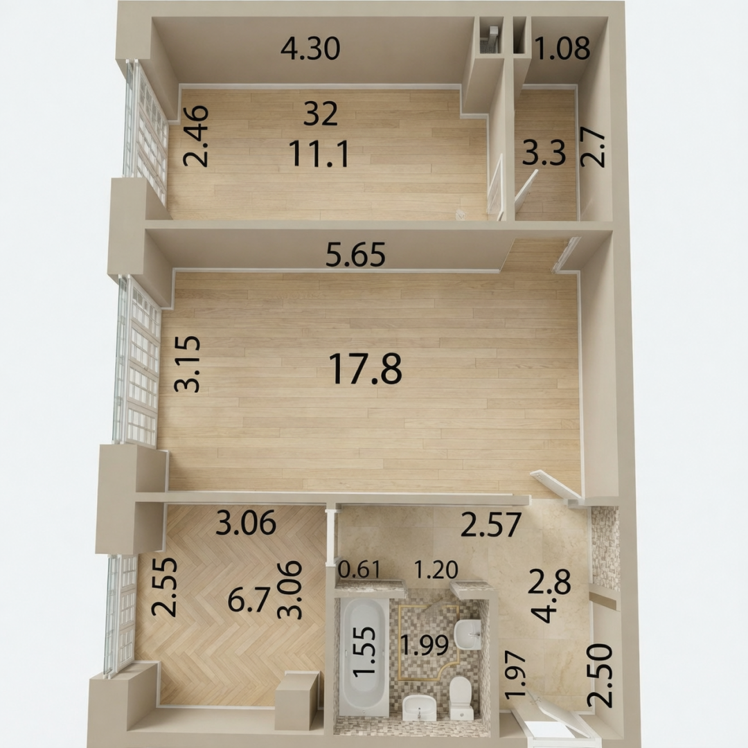 2-комнатная 45.7 м2 в ЖК undefined корпус null этаж 1