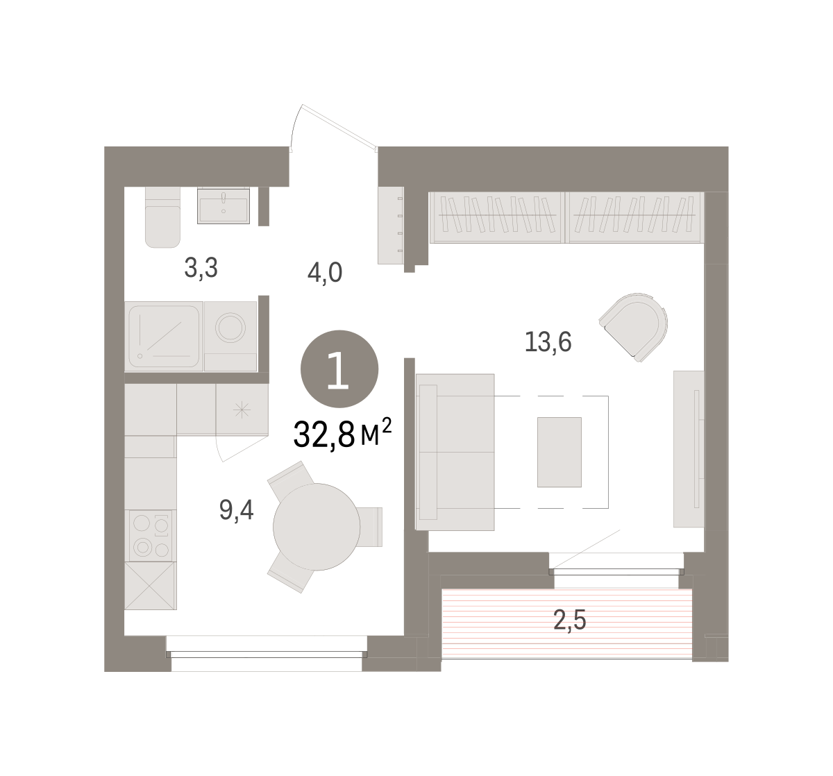 1-комнатная 32 м2 в ЖК Зарека корпус null этаж 8