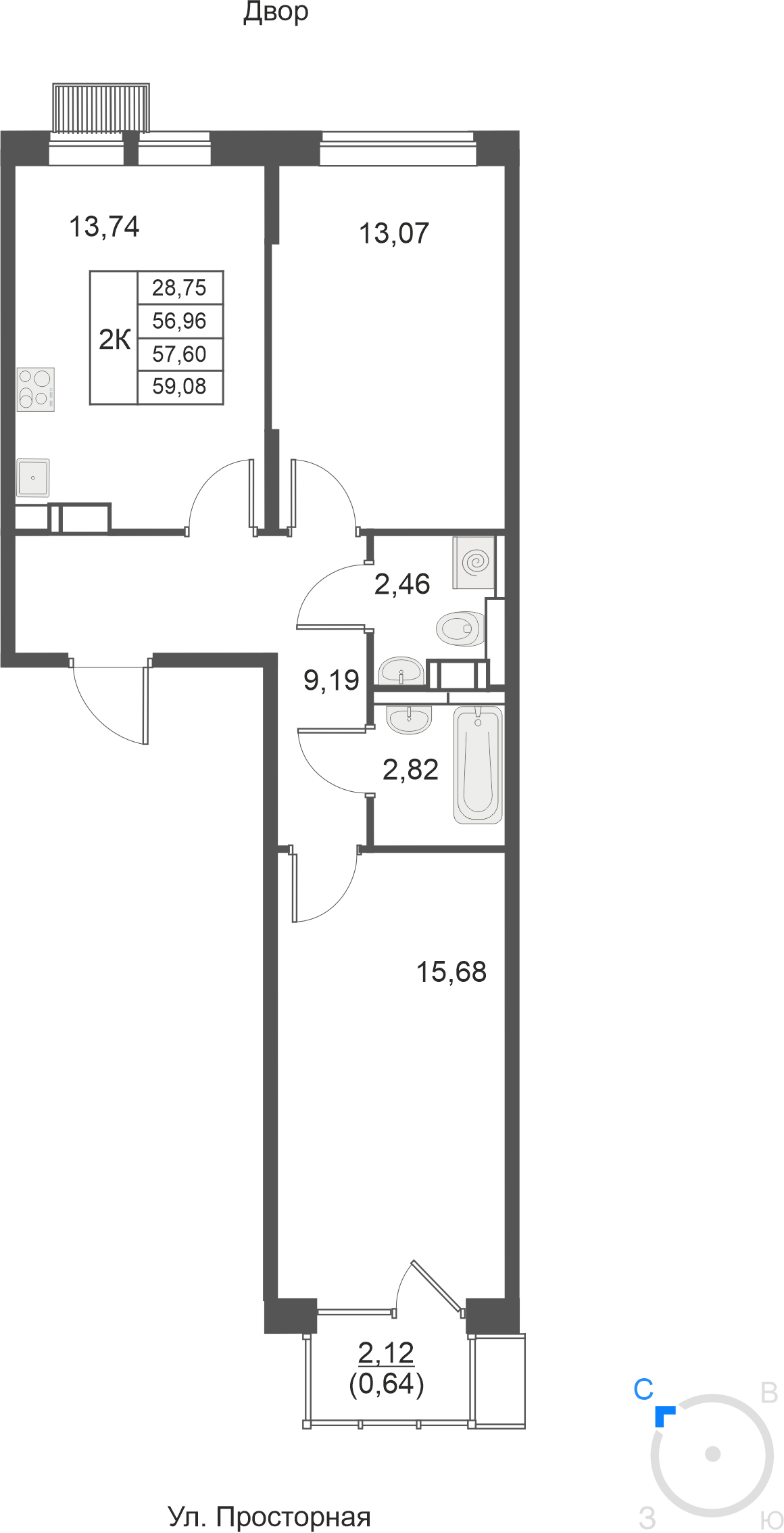 2-комнатная 57 м2 в ЖК Большое Путилково (УРАЛСИБ) корпус null этаж 12