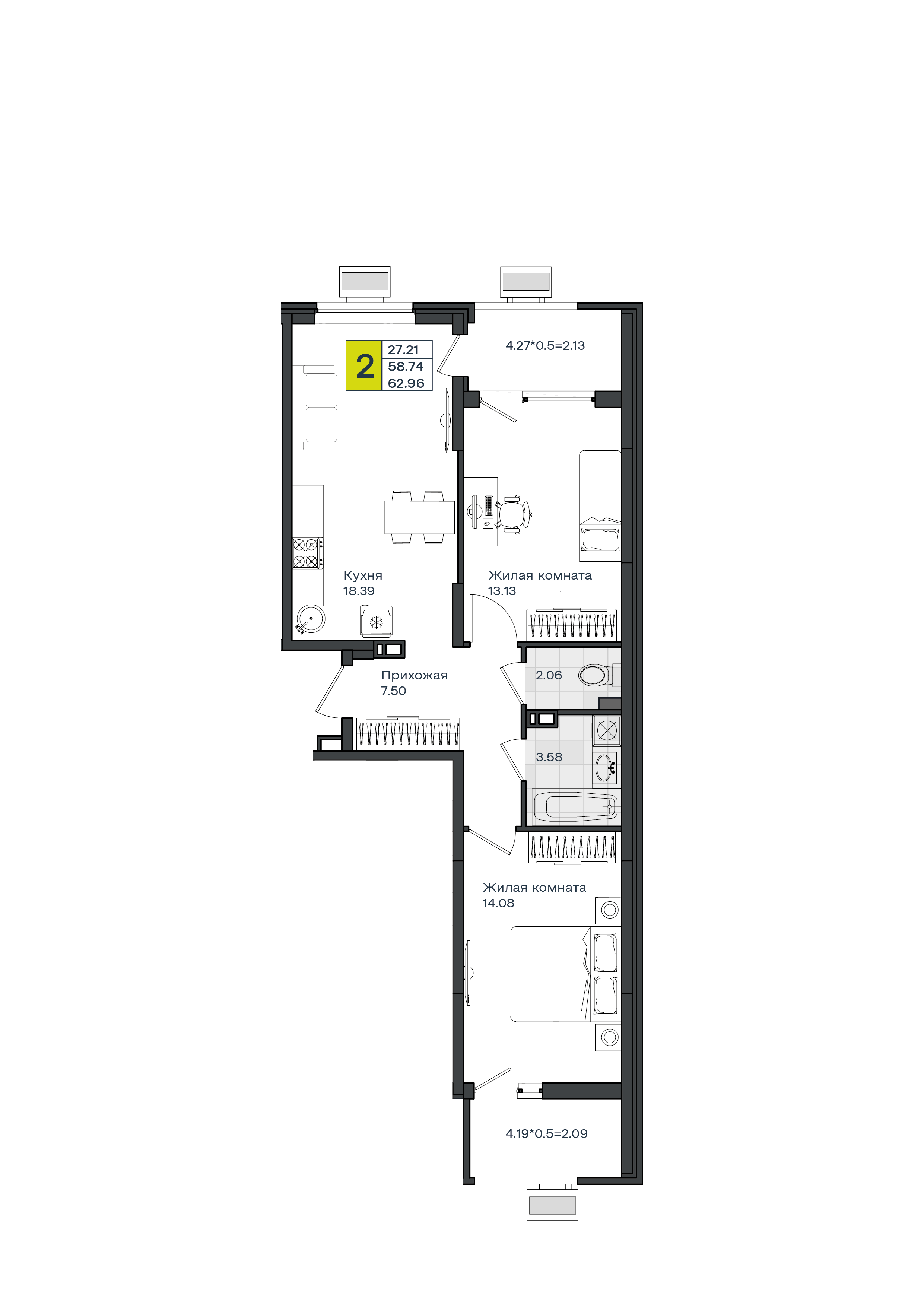 2-комнатная 63 м2 в ЖК МОНО Квартал корпус null этаж 5