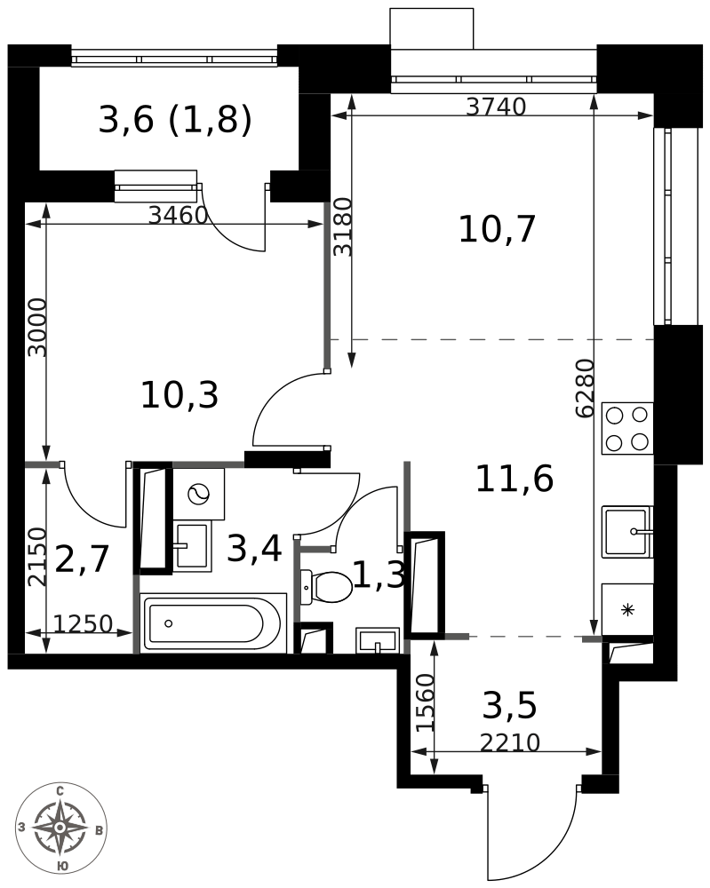 2-комнатная 45 м2 в ЖК 1-й Саларьевский корпус null этаж 24