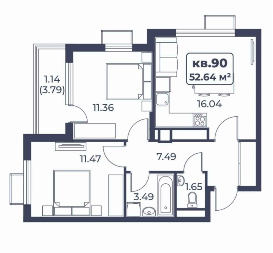 2-комнатная 52.6 м2 в ЖК undefined корпус null этаж 5