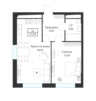 1-комнатная 51 м2 в ЖК ДИУС корпус null этаж 20