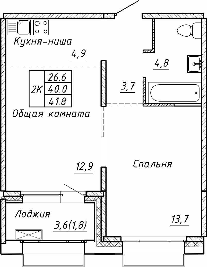 2-комнатная 41 м2 в ЖК Гренландия корпус null этаж 9