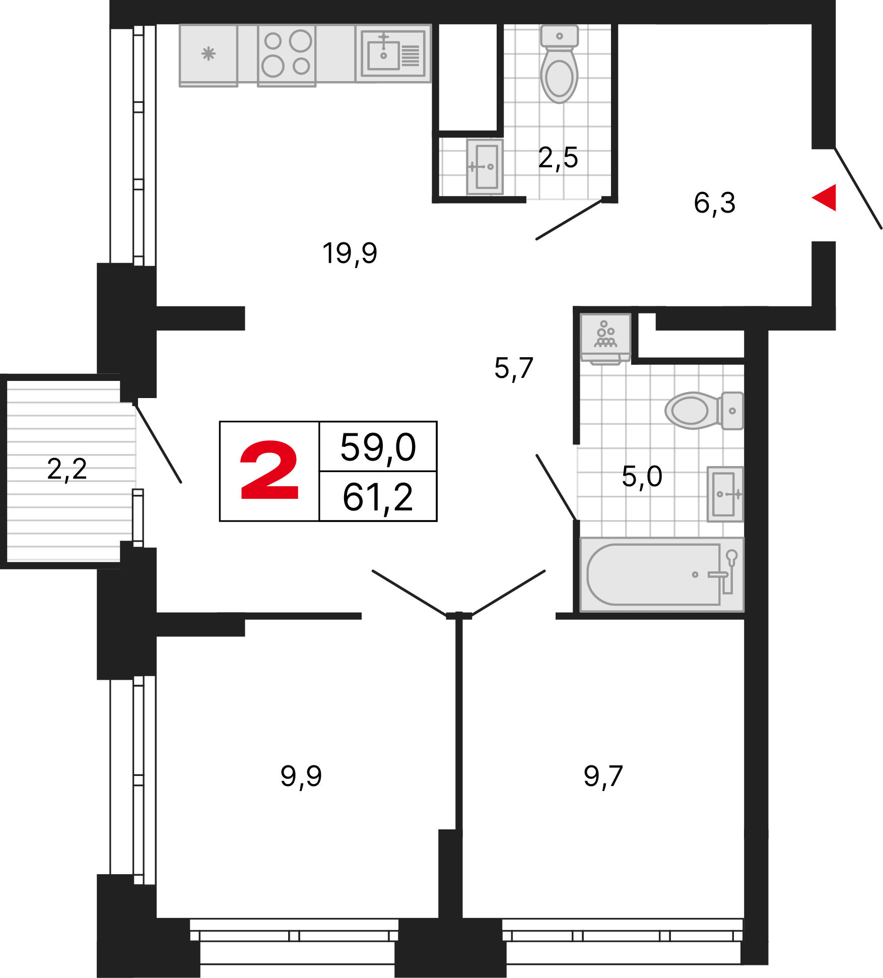 2-комнатная 61 м2 в ЖК Бестселлер корпус null этаж 11
