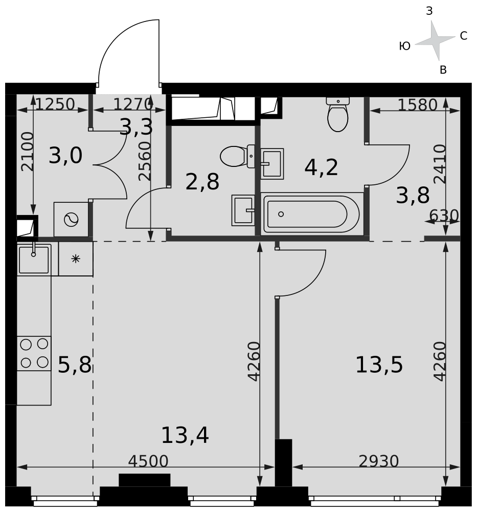 2-комнатная 49 м2 в ЖК Сидней Сити корпус null этаж 13