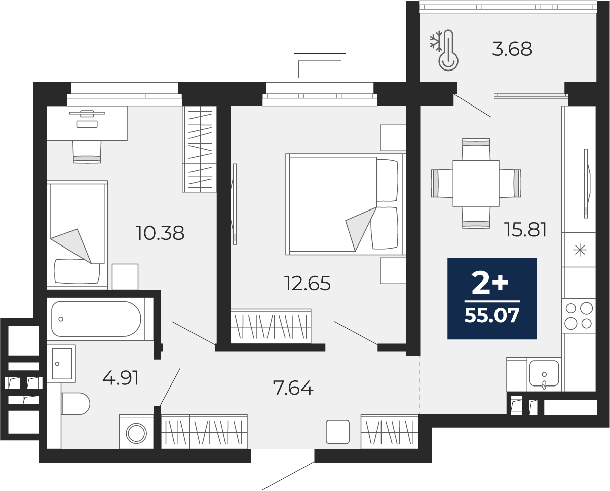 2-комнатная 51 м2 в ЖК Беринг корпус null этаж 7
