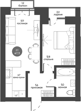 2-комнатная 45.8 м2 в ЖК undefined корпус null этаж 3