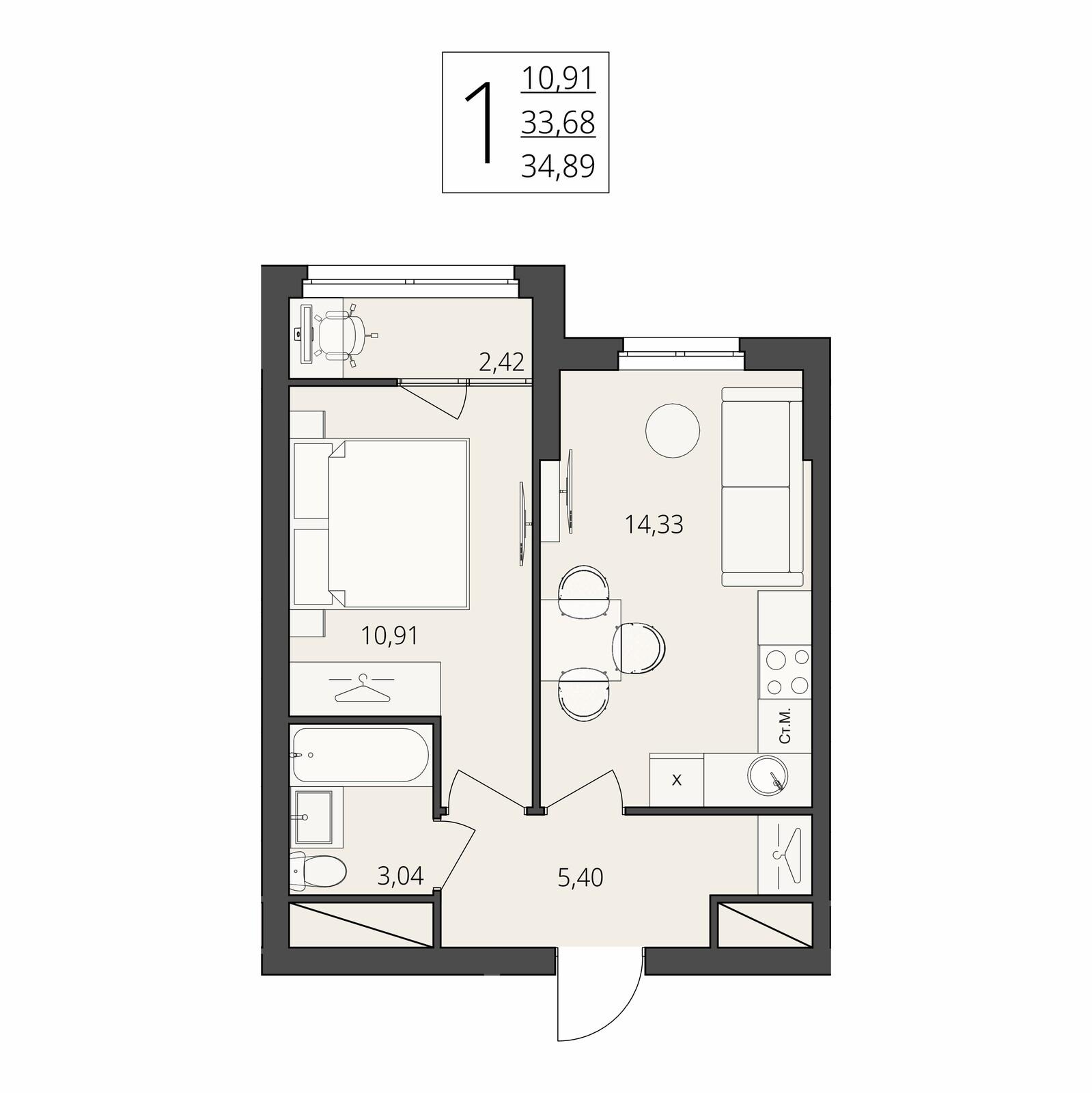 1-комнатная 34 м2 в ЖК Берег Волги корпус null этаж 7