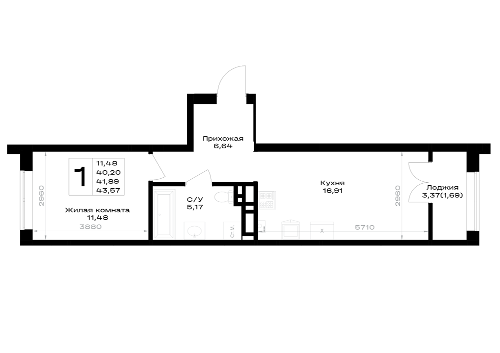 1-комнатная 41 м2 в ЖК Включи корпус null этаж 5