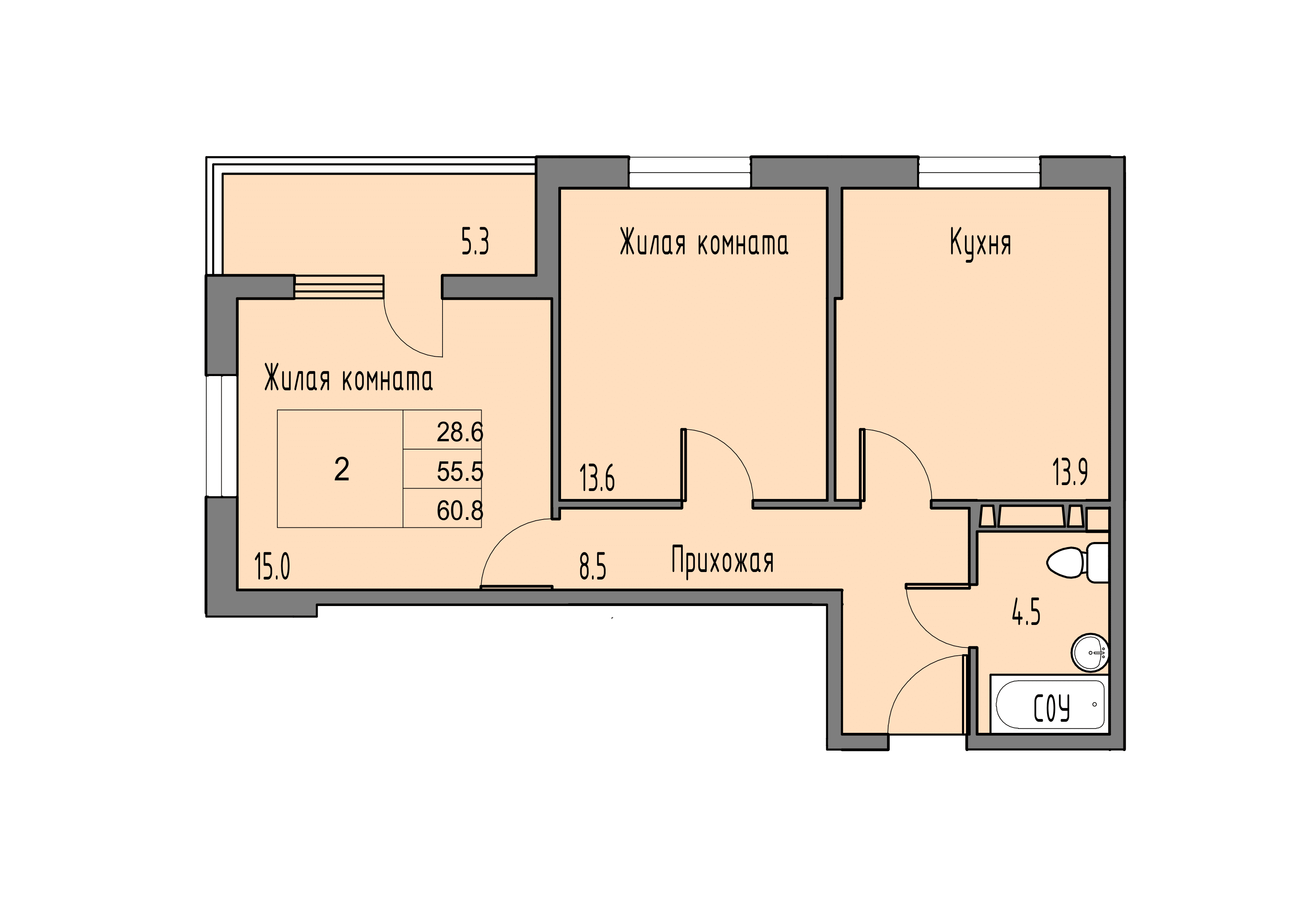 2-комнатная 58 м2 в ЖК GraY 2 корпус null этаж 11