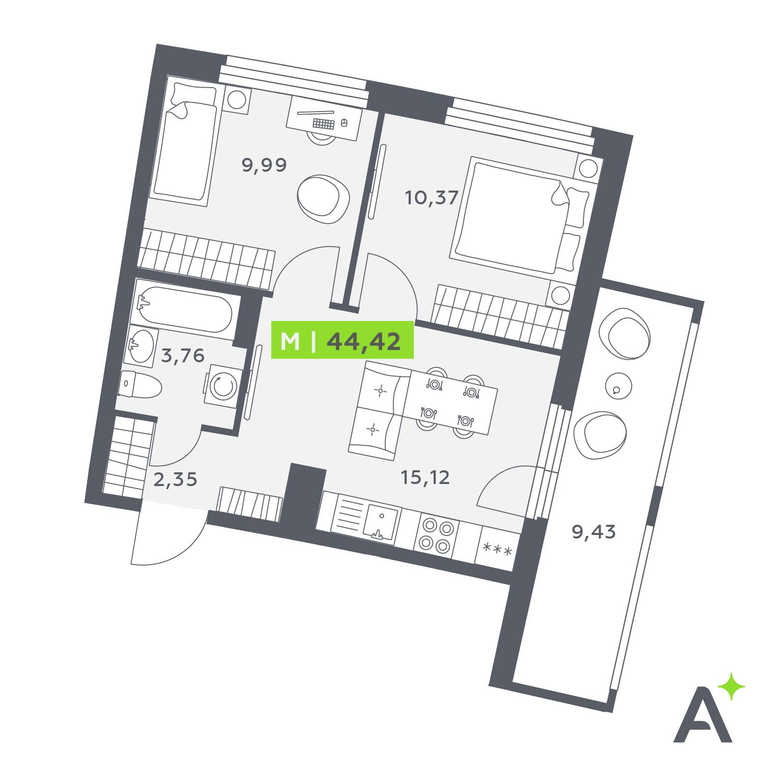 Студия 44 м2 в ЖК Аквилон Рива корпус null этаж 15
