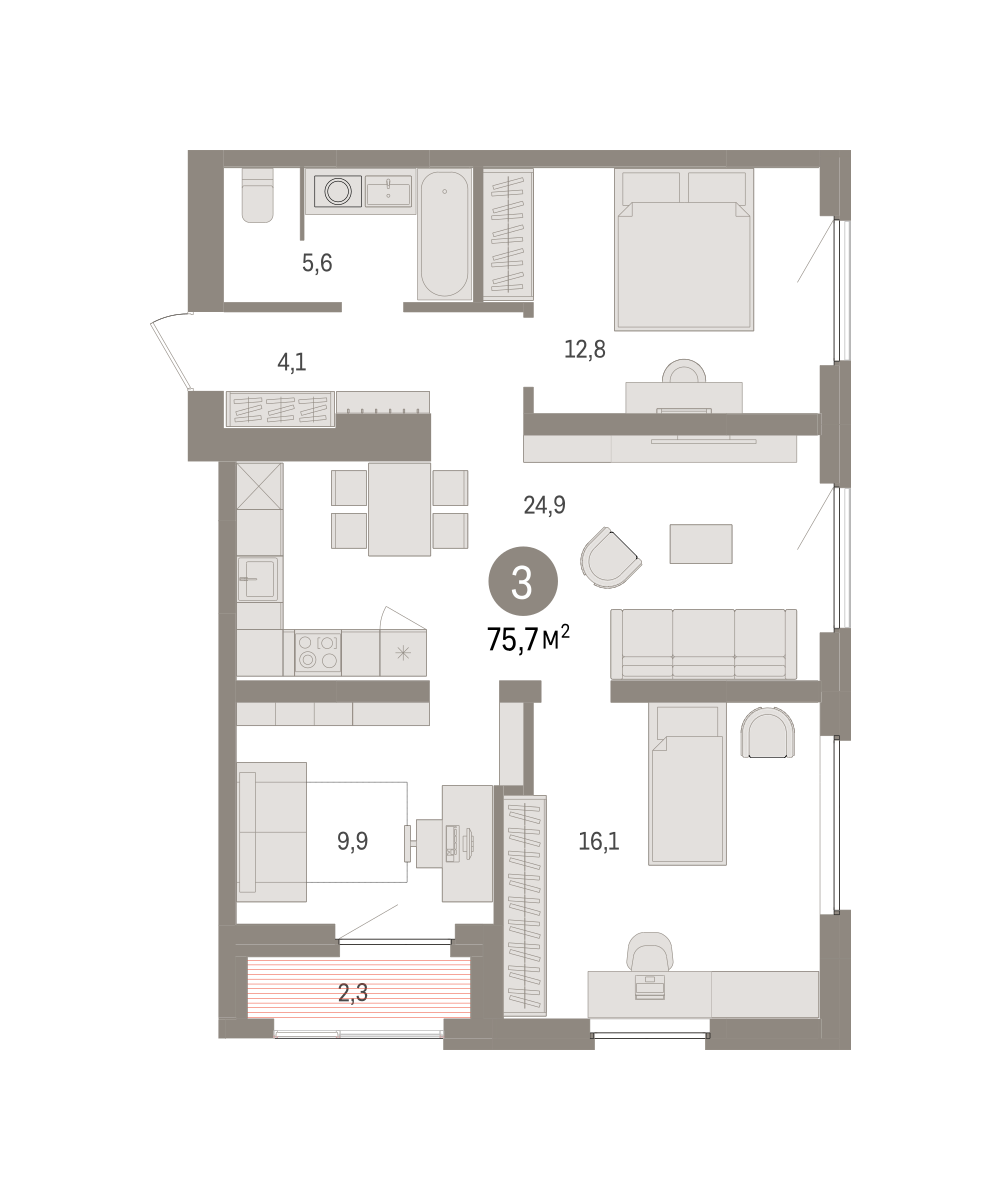 3-комнатная 75 м2 в ЖК Зарека корпус null этаж 11