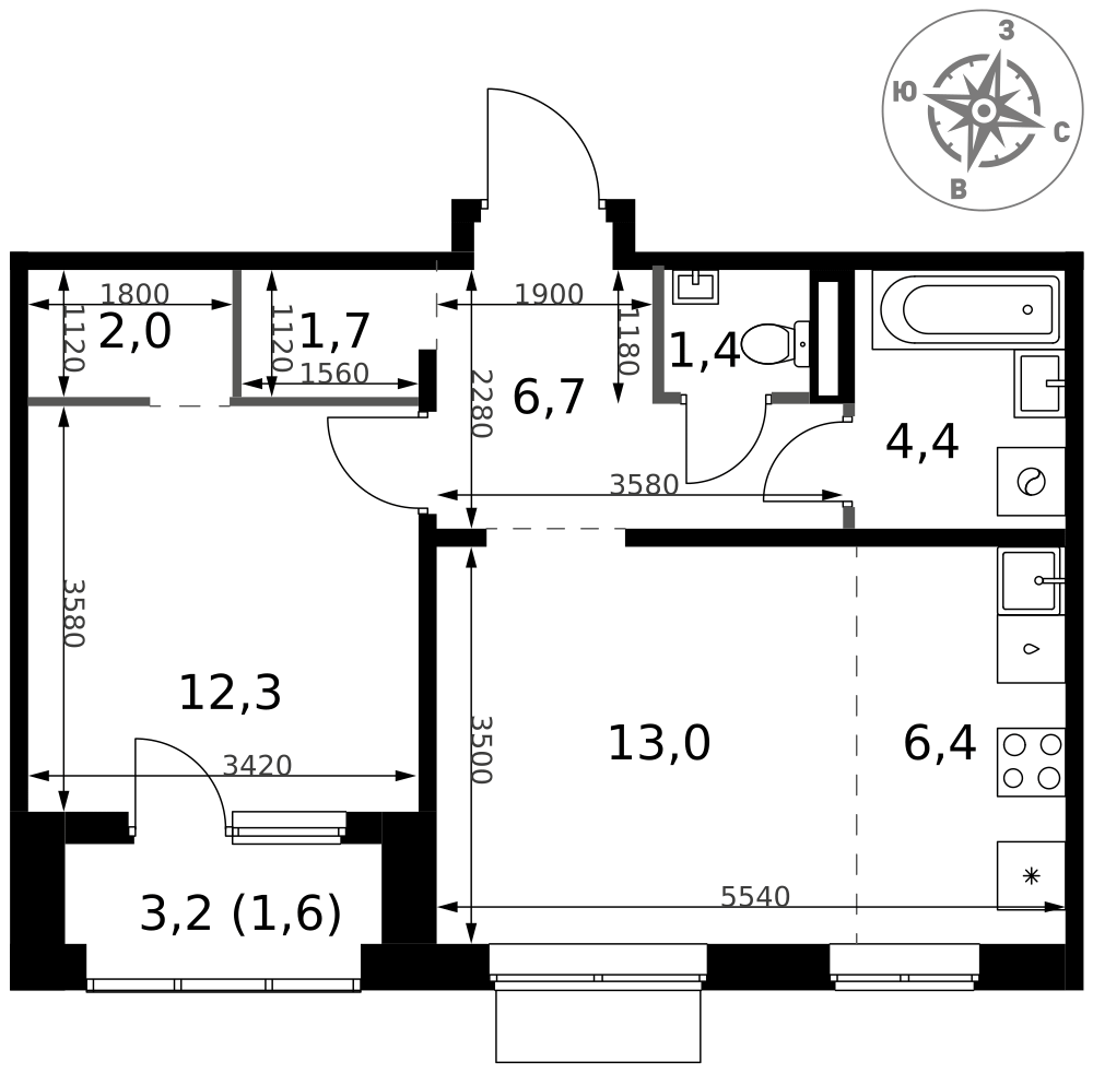 2-комнатная 49 м2 в ЖК 1-й Ясеневский корпус null этаж 13
