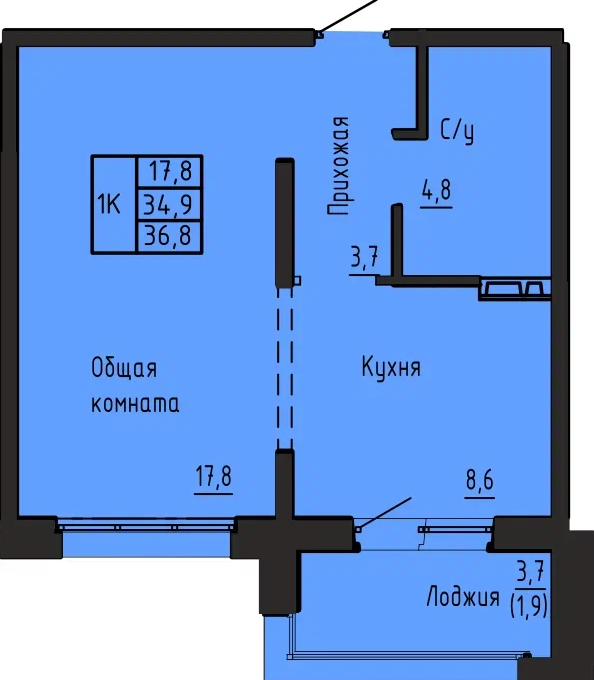 1-комнатная 36 м2 в ЖК Акварельный корпус null этаж 8