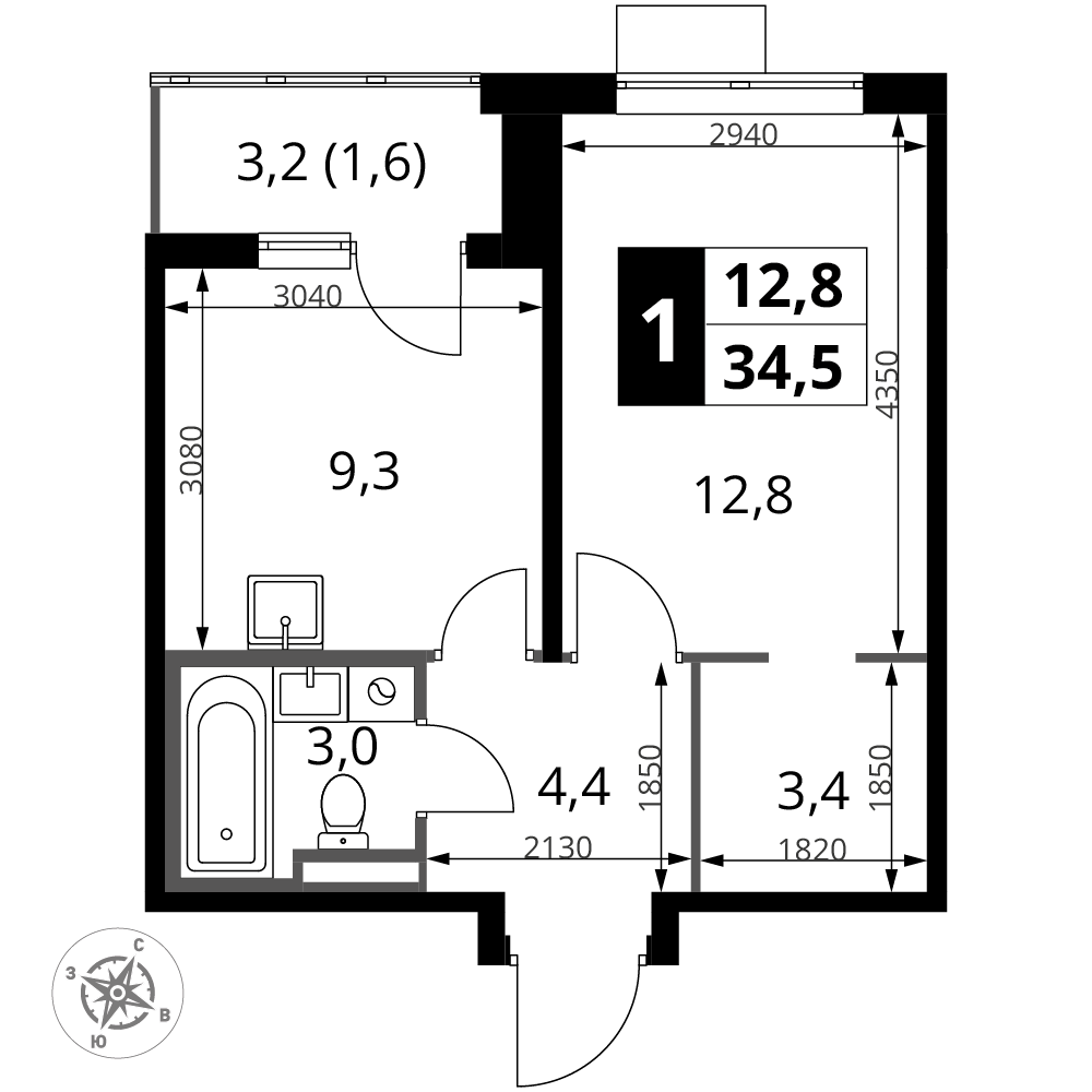 1-комнатная 34 м2 в ЖК 1-й Донской корпус null этаж 12