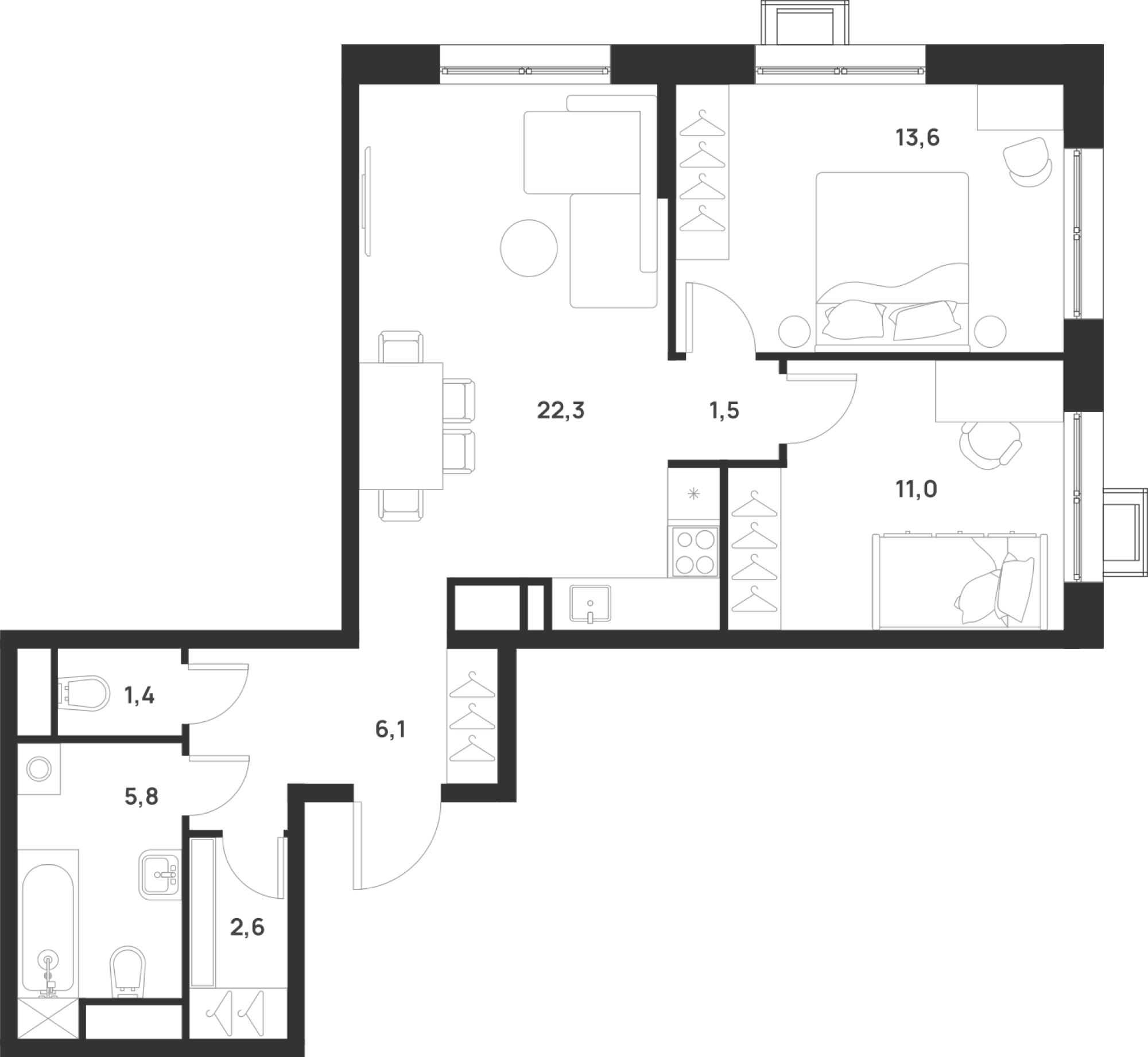 2-комнатная 64 м2 в ЖК Foreville корпус null этаж 2