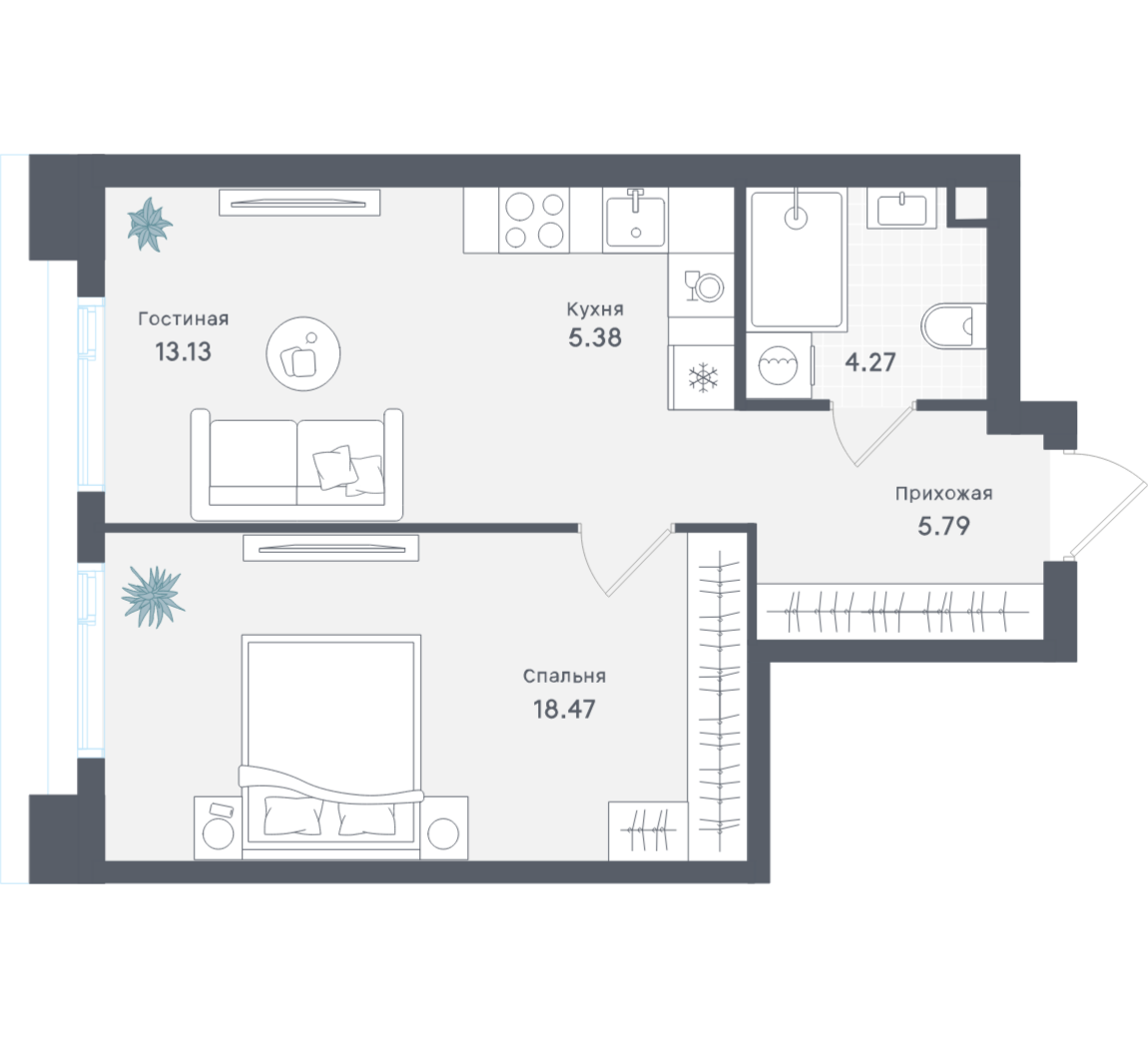 1-комнатная 47 м2 в ЖК Solos корпус null этаж 13