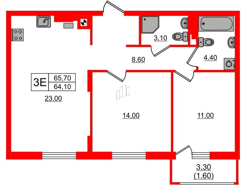 2-комнатная 65 м2 в ЖК River Park-2 корпус null этаж 2