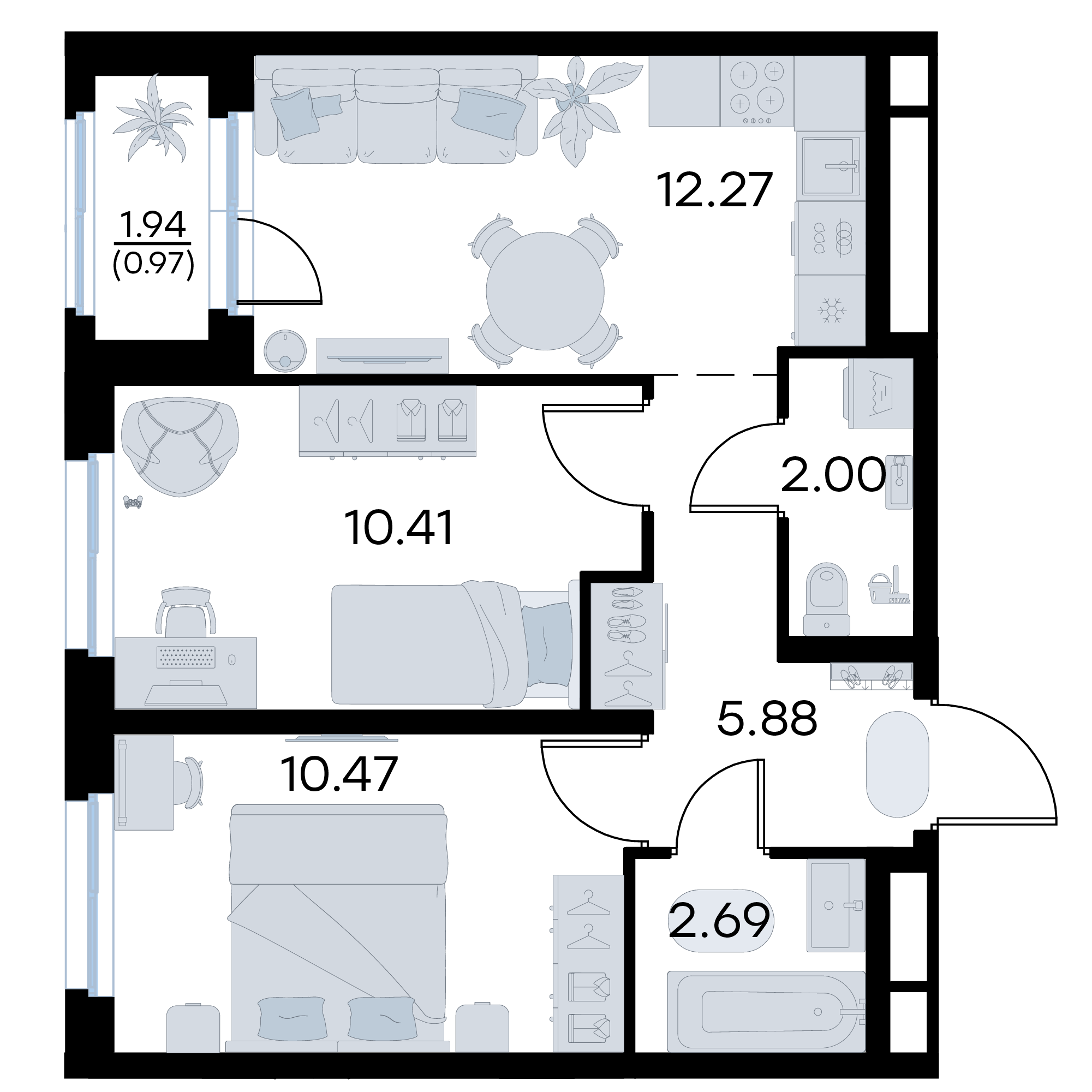 2-комнатная 44 м2 в ЖК GloraX Октябрьский корпус null этаж 16