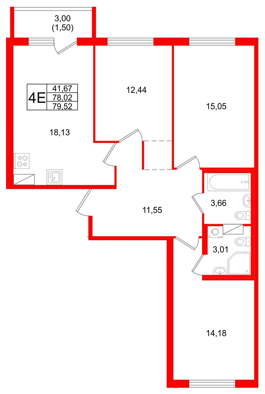 3-комнатная 79 м2 в ЖК Квартал Заречье корпус null этаж 4