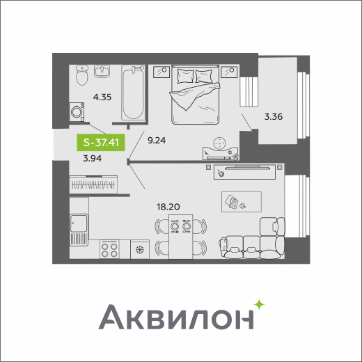 Студия 37 м2 в ЖК Аквилон ROSA корпус null этаж 3