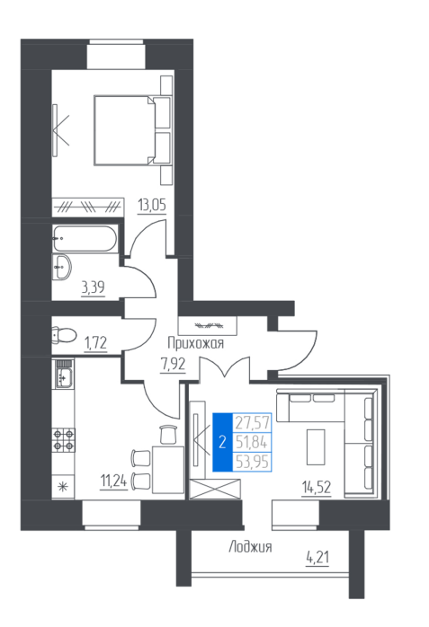 2-комнатная 58 м2 в ЖК undefined корпус null этаж 4