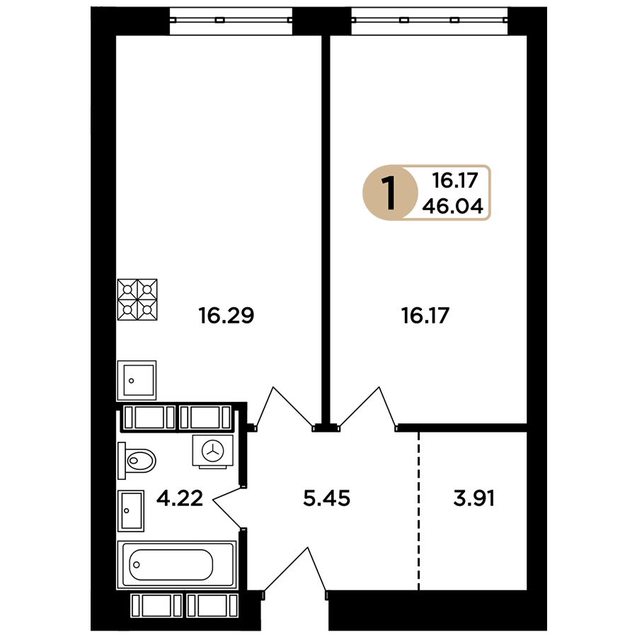 1-комнатная 45 м2 в ЖК Легенда корпус null этаж 15