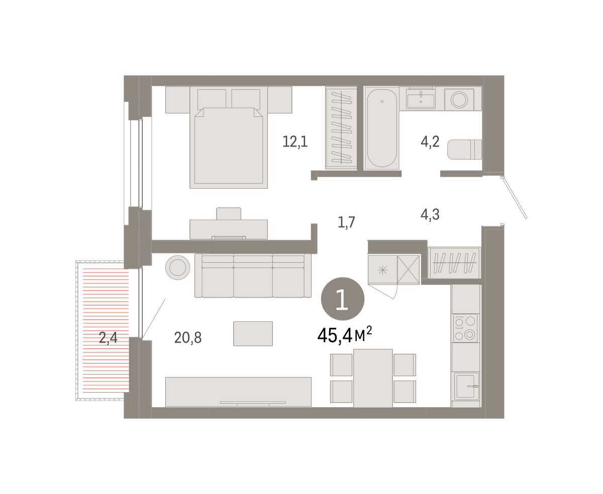 1-комнатная 45 м2 в ЖК Зарека корпус null этаж 3