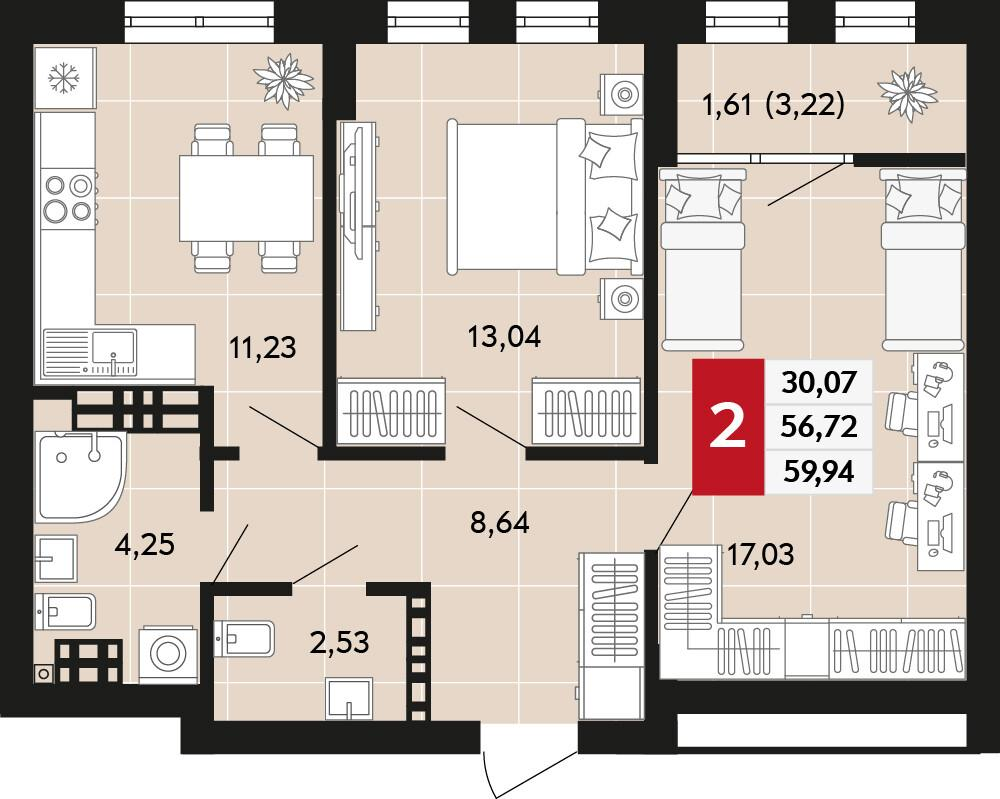2-комнатная 59 м2 в ЖК Невский корпус null этаж 14