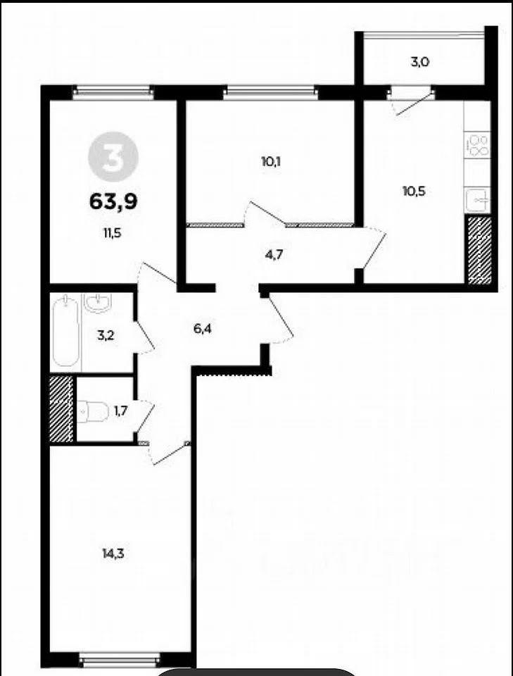 3-комнатная 64 м2 в ЖК undefined корпус null этаж 13