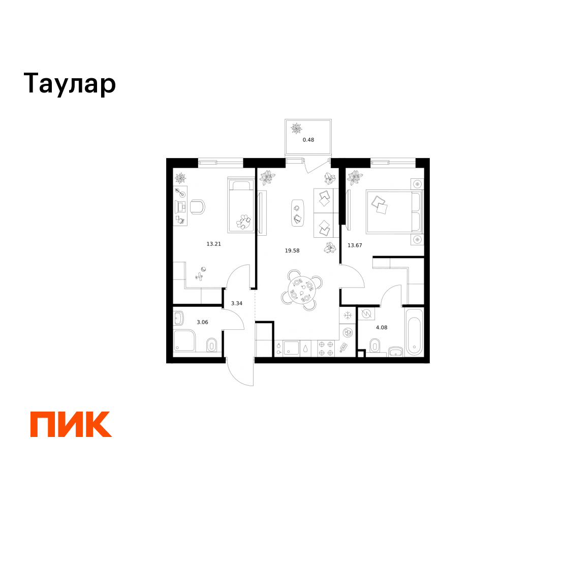 2-комнатная 57 м2 в ЖК Таулар корпус null этаж 6