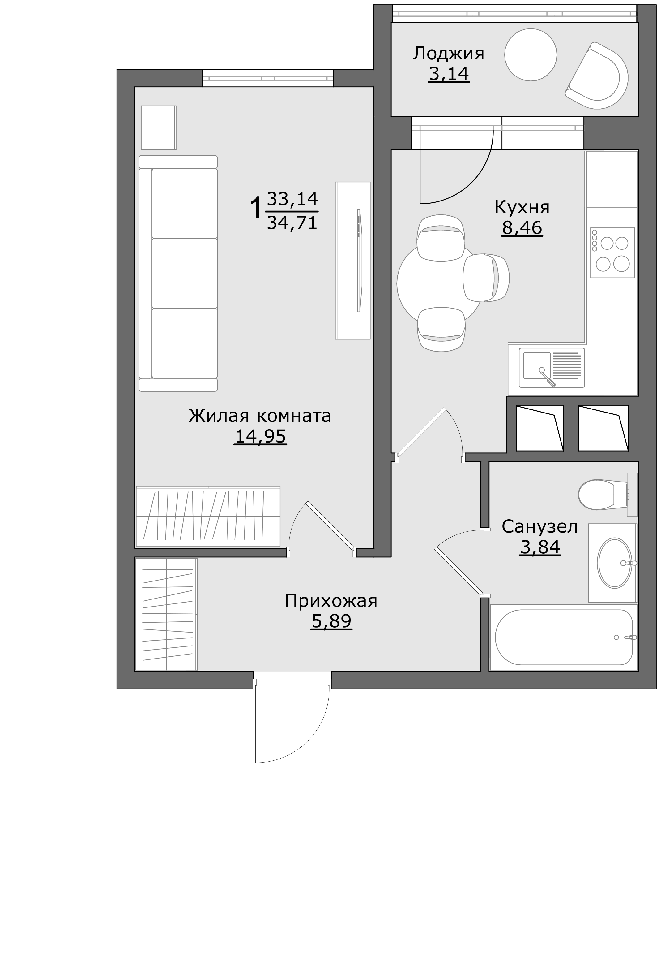 1-комнатная 34 м2 в ЖК Клевер корпус null этаж 6