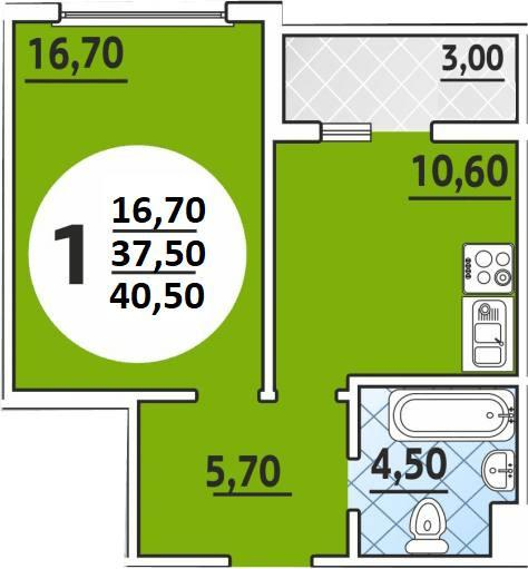 1-комнатная 39 м2 в ЖК undefined корпус null этаж 7