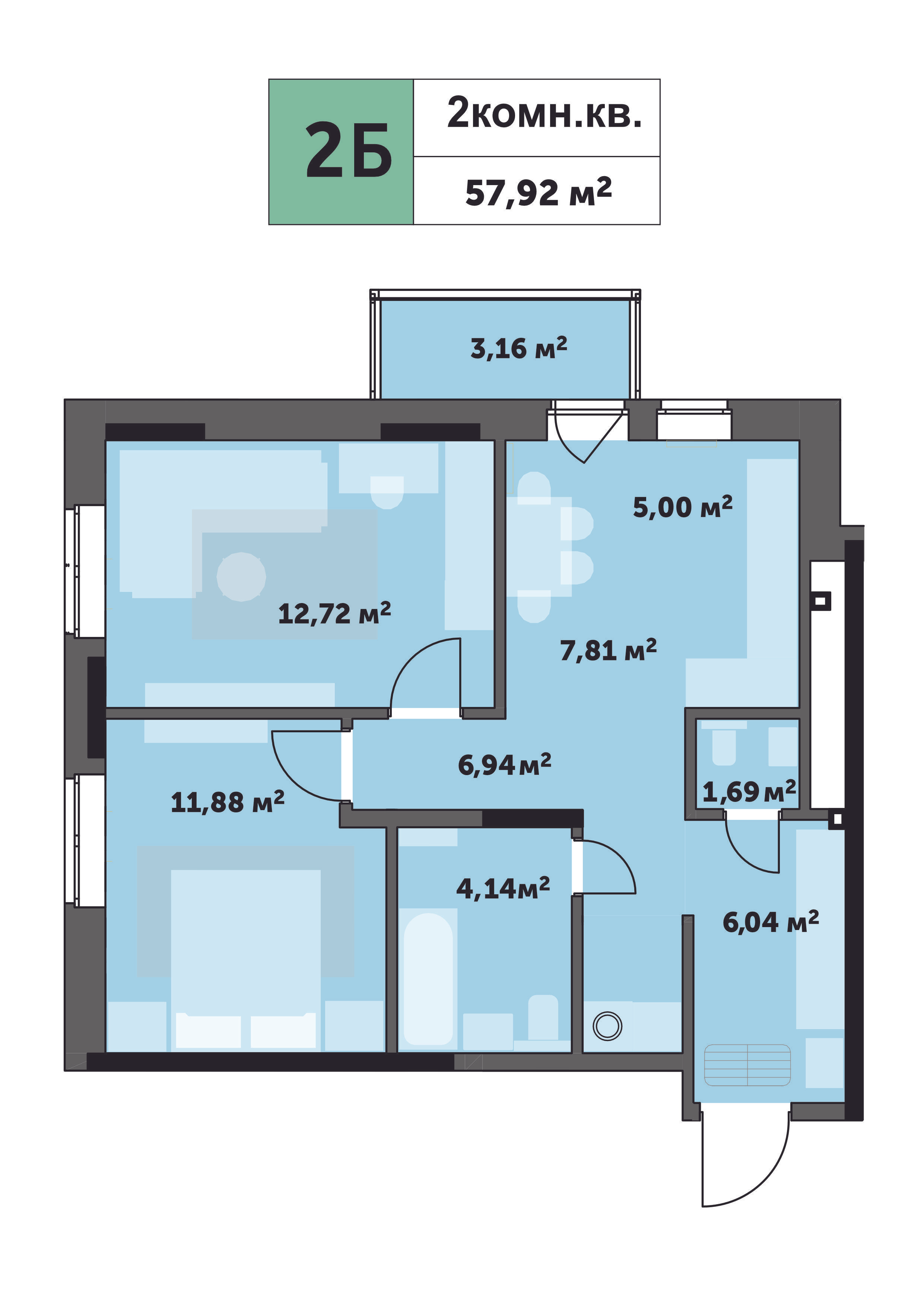 2-комнатная 60 м2 в ЖК Седьмое Небо корпус null этаж 15