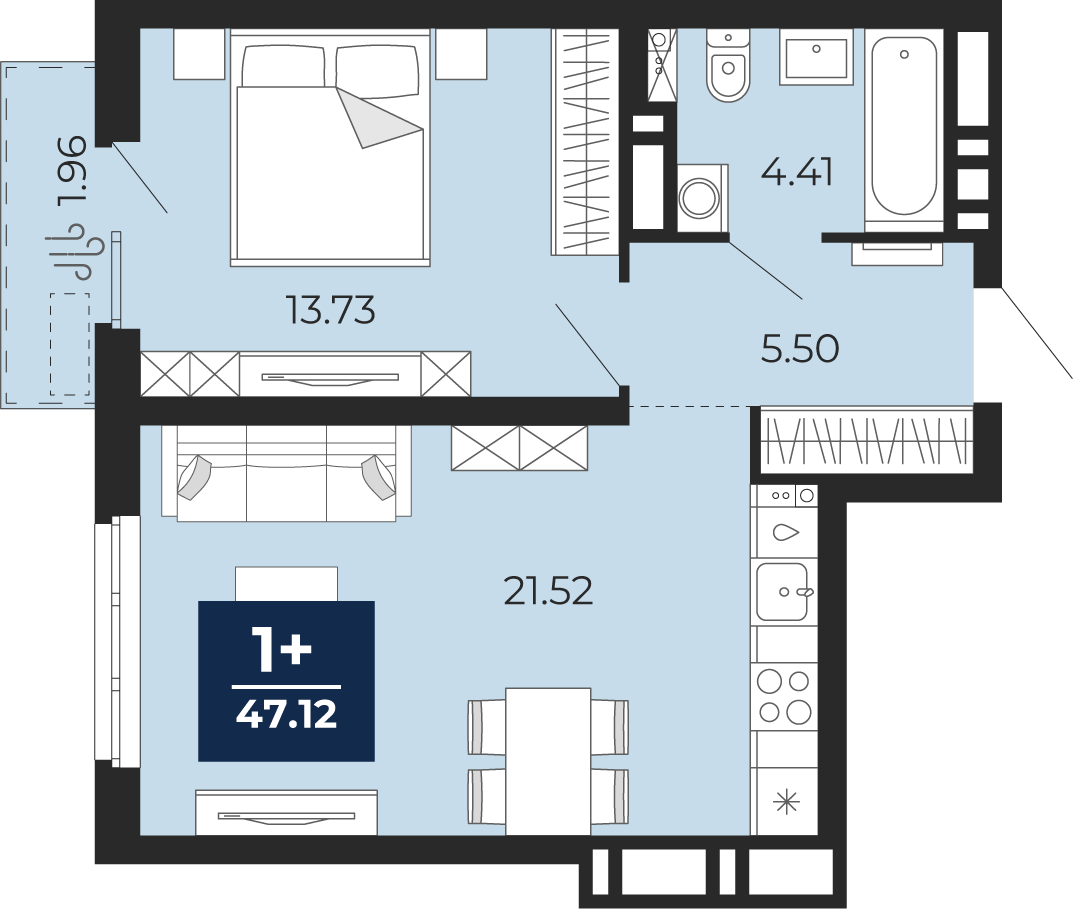 1-комнатная 45 м2 в ЖК Мириады корпус null этаж 10