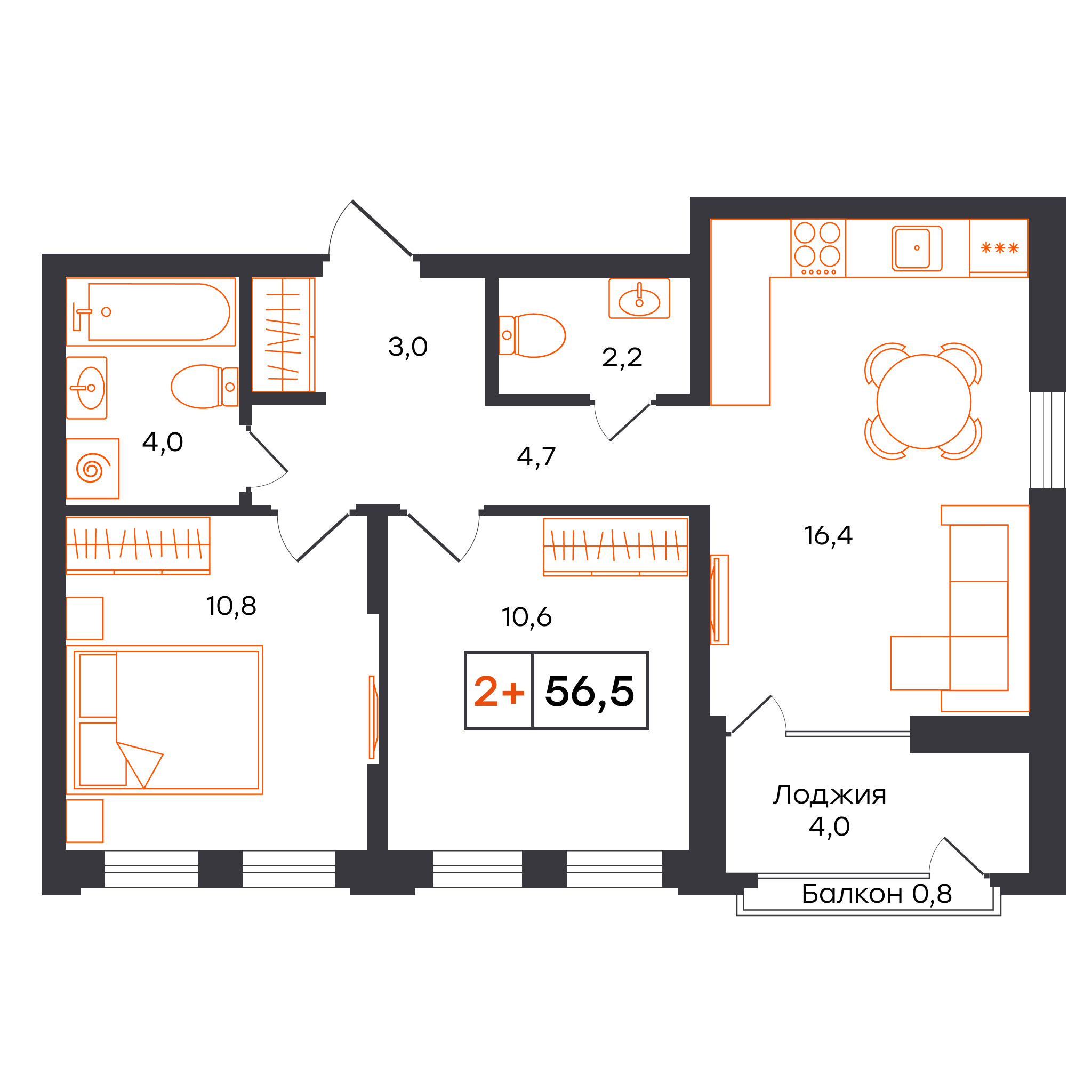 2-комнатная 56 м2 в ЖК УНО. Умный квартал корпус null этаж 15