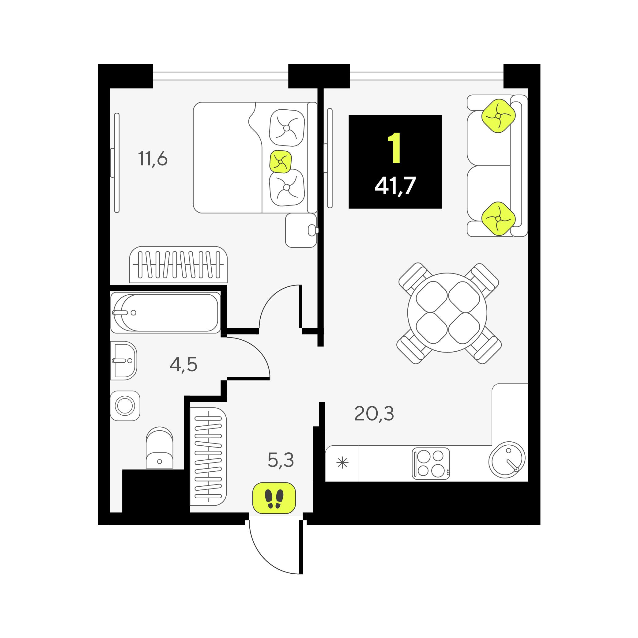 1-комнатная 41 м2 в ЖК Дивный квартал у озера корпус null этаж 4