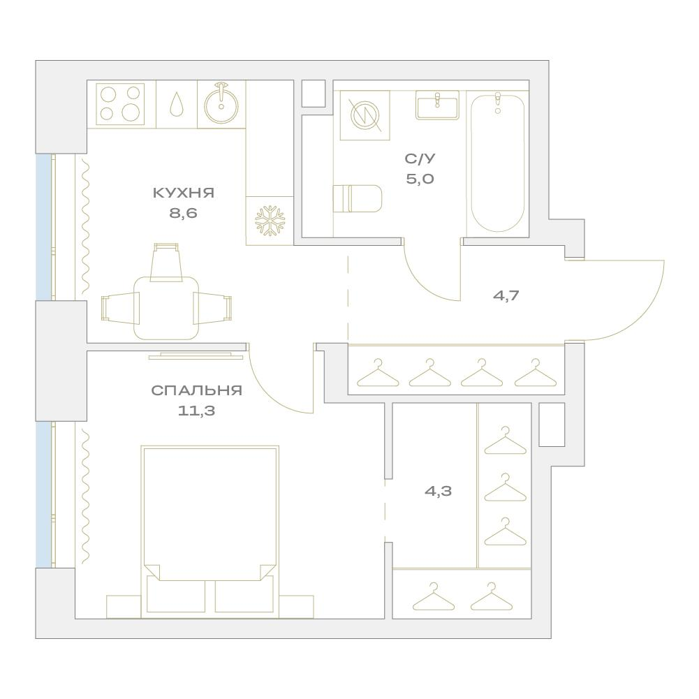 1-комнатная 33 м2 в ЖК Детали корпус null этаж 2