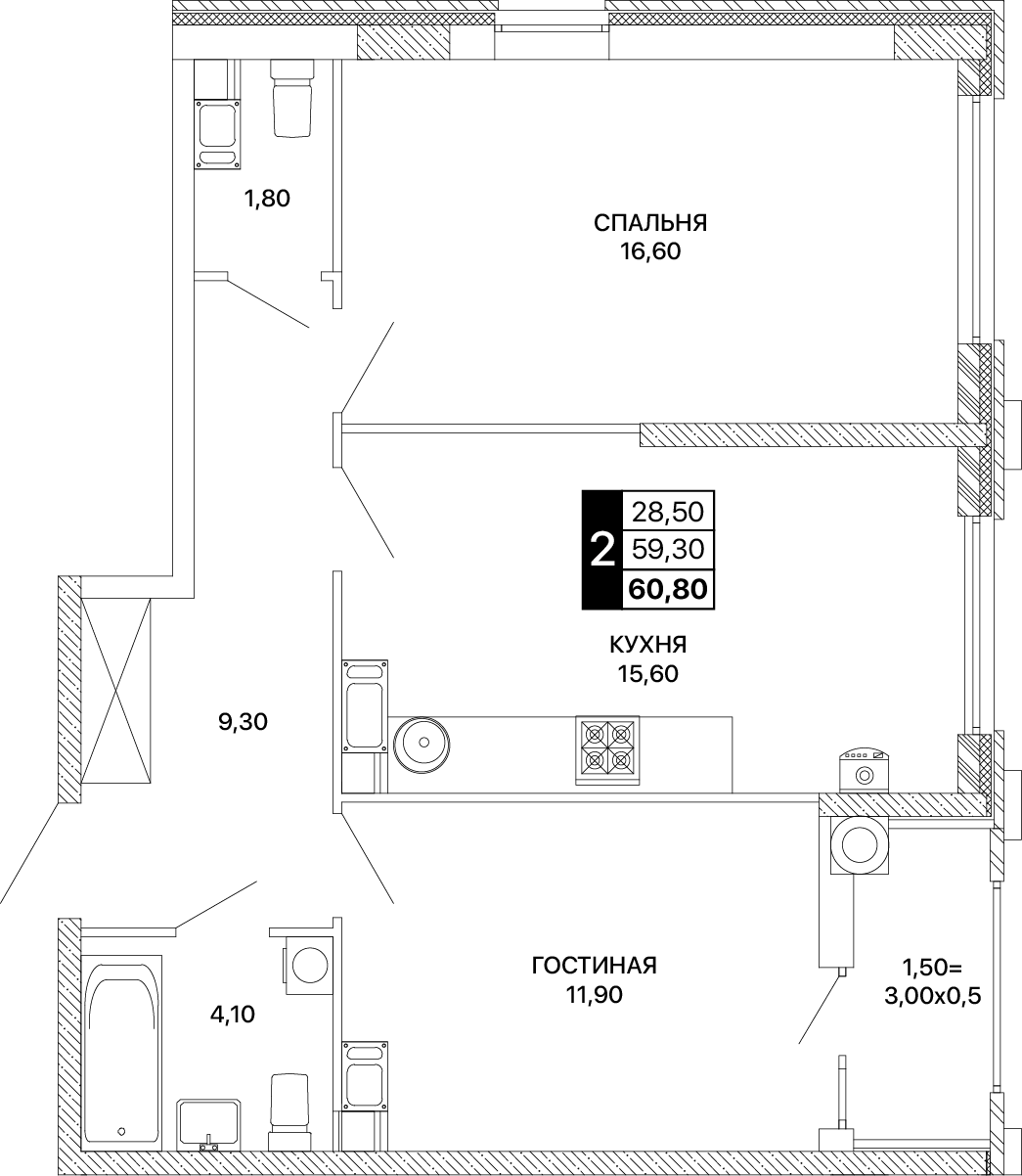 2-комнатная 60 м2 в ЖК Сияние корпус null этаж 5